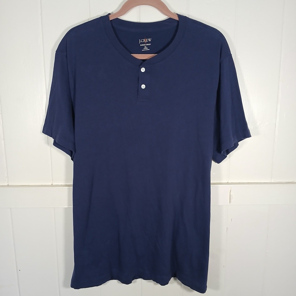 J CREW OARSMAN Sueded Jersey Henley Shirt Mens XL Navy Short Sleeve Classic Fit